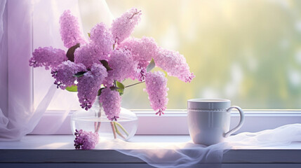 Fototapeta premium Lilac flowers in a vase with a coffee cup on a serene window sill, bathed in soft morning light.