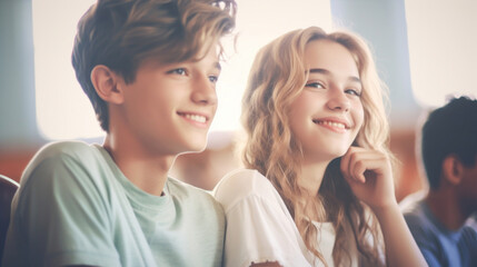 Fototapeta premium A teenage boy and girl smiling with genuine happiness while participating in a group event or audience.