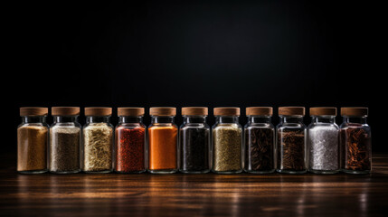 Row of glass jars filled with various spices on a wooden surface against a dark background, showcasing culinary variety.