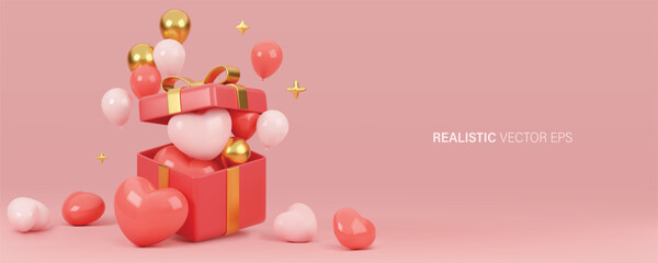 Cute sale banner opened giftbox, pink balloons and elements are available for use on online shopping websites or in social media advertising, Valentine's day banner concept.