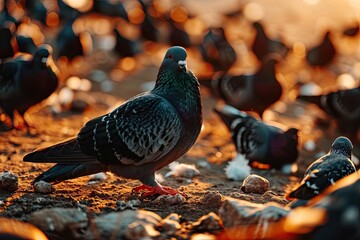 Pigeons on the ground eating bread crumbs AI Generative