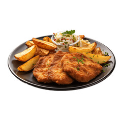 fried chicken breast on wooden board isolated on transparent.
