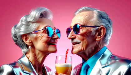 Obraz premium Handsome and fashionable elderly people in bright clothes, active and happy life