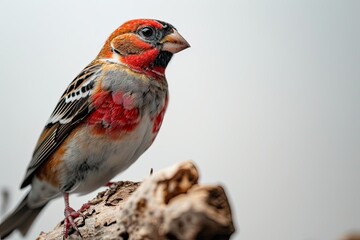 Portrait Red-headed Finch standing on old log AI Generative