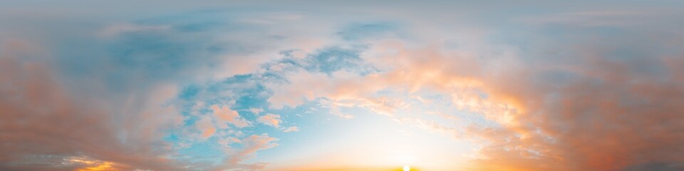 Sunset sky panorama with bright glowing pink Cumulus clouds. HDR 360 seamless spherical panorama. Full zenith or sky dome in 3D, sky replacement for aerial drone panoramas. Climate and weather change. - obrazy, fototapety, plakaty