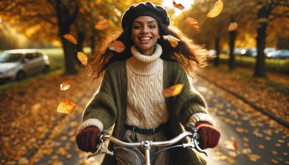 Schilderijen op glas Autumn park scene with woman riding a vintage bicycle, seasonal atmosphere © ibreakstock