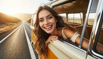 Car journey - attractive woman passenger facing the camera, direct eye contact - obrazy, fototapety, plakaty