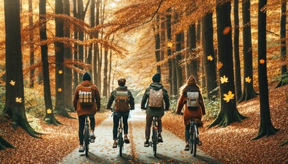Naklejka premium Active family recreation - cycling in autumn forest, parents and children together