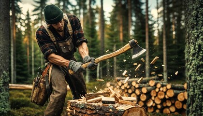 Man chopping wood with axe, winter preparation activity