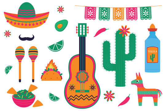 Mexican fiesta set on white background . Sombrero, guitar, maracas, pinata, guitar, cactus, food, drinks and decorations. Cinco de Mayo, vector illustration, EPS 10.