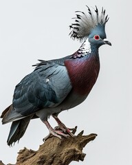 Fototapeta premium Victoria Crowned Pigeon standing on old tree isolated on white background AI Generative