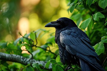 glossy black feathers the crow stands out on the branch AI Generative