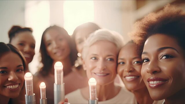 Closeup of a diverse group of people of different ages using facial rollers and serums to promote youthful looking skin.