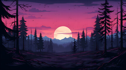  Silhouette twilight forest landscape. Generative AI