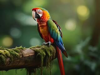 A beautiful macaw perching on top mossy stick over far blur green background in shaded sun lighting, amazing nature