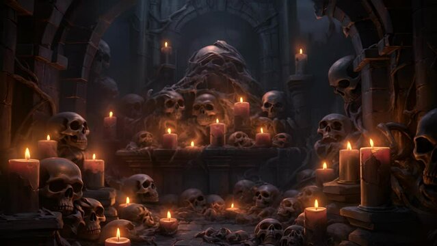 Flickering candles illuminating a cobwebstrewn dungeon with grinning skulls