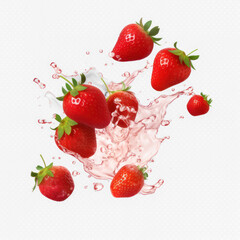 strawberry falling into water isolate on transparency background png 