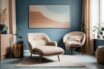 Scandinavian interior home design of modern living room with beige lounge chairs and abstract poster art