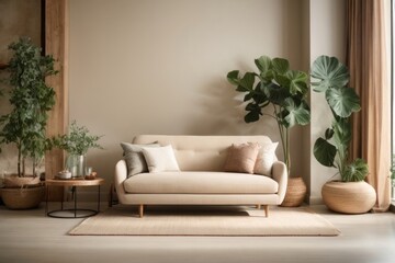 Rustic interior home design of modern living room with beige loveseat sofa and a vase of green plants