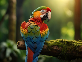 A beautiful macaw perching on top mossy stick over far blur green background in shaded sun lighting, amazing nature