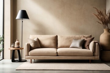 Interior home design of modern living room with beige sofa and concrete wall with copy space