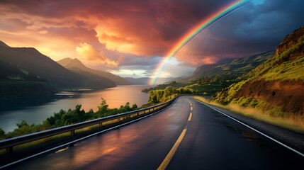 rainbow in the nature with highway  - obrazy, fototapety, plakaty