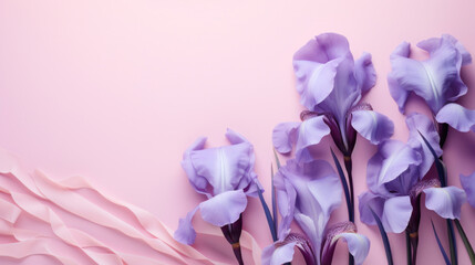 Purple iris flowers stand tall and elegant against a smooth pastel pink background, embodying grace and simplicity.