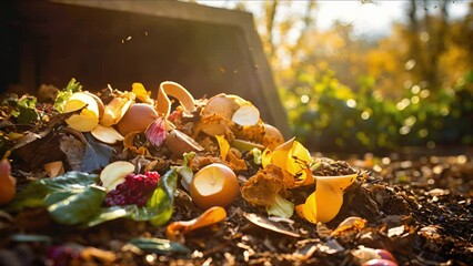 Detailed view of a compost pile with decomposing food waste and leaves.