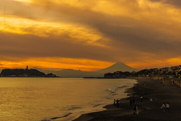 Scenery Kamakura Yuigahama Beach with Kamakura city and Fujisan mountain. Twilight silhouette Mount...