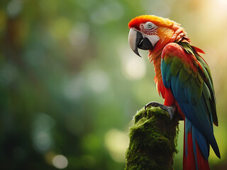Obraz premium A beautiful macaw perching on top mossy stick over far blur green background in shaded sun lighting, amazing nature