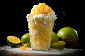 Tropical Coconut Mango Sorbet Float, a refreshing blend of coconut mango sorbet