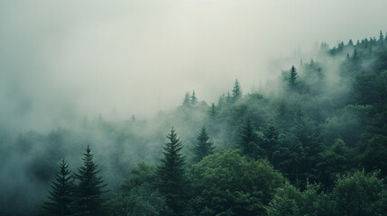 high angle shot of a foggy forest landscape