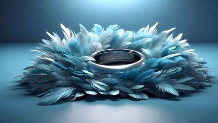 Fototapeta premium Full of feathers background with Ring, light blue background, abstract background