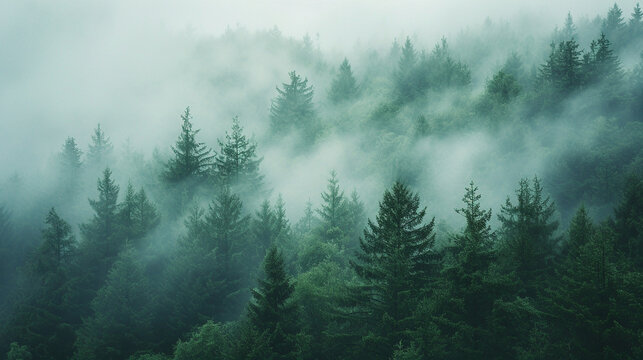 high angle shot of a foggy forest landscape © shiroi
