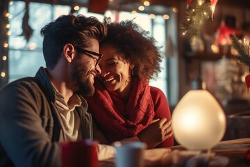 Obraz premium Affectionate couple enjoying cozy moments during festive season. Intimate holiday celebration.