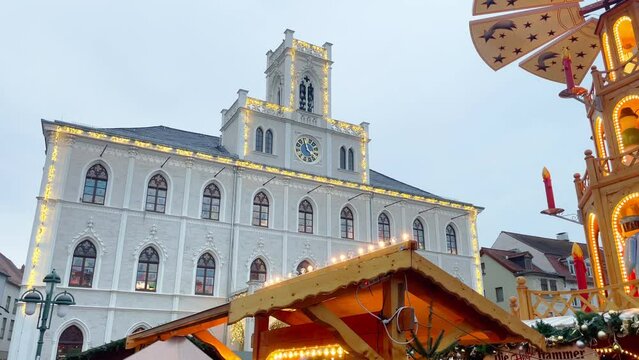 Weimar City Hall in Winter Season with Christmas Market in December