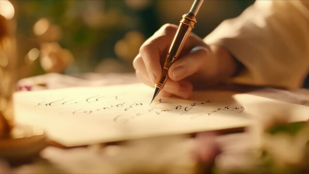 Closeup of a master calligraphers brush strokes on a beautifully written piece of paper.
