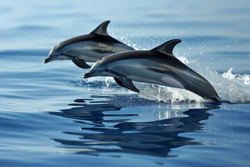 Two dolphins are leaping together above the blue waters, creating a synchronized splashes and ripples in their wake.