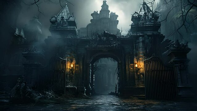 A crumbling castle shrouded in a dark fog the entrance sealed with an iron gate.