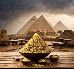 Noodles and pyramids of Giza in Cairo, Egypt