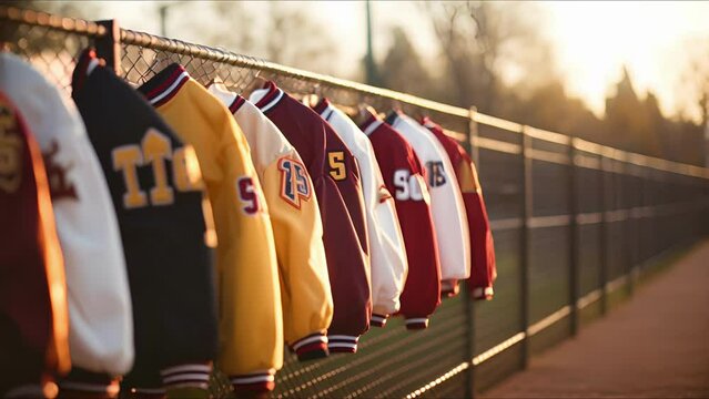 Closeup of a group of varsity jackets hanging on a fence, signifying the pride and sense of belonging that comes with being part of a sports community.