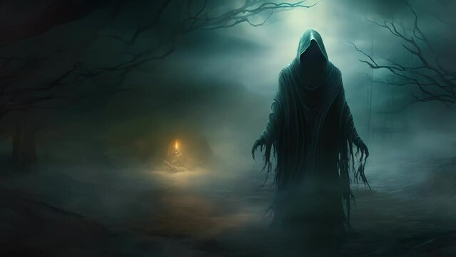 A mysterious figure cloaked in a misty cloak standing watch in the night.