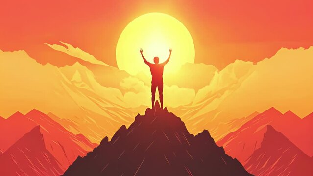 A person with narcissistic tendencies depicted as a person standing atop a mountain with their arms raised in Psychology art concept.