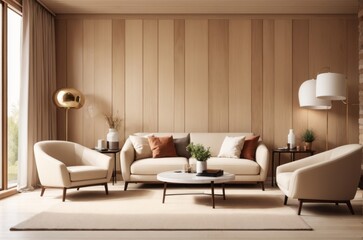 Interior home design of modern living room with beige sofa and wood panel wall