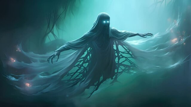 An eerie banshee hovers in the air its glowing eyes and long outstretched arms sending a chill down ones spine.
