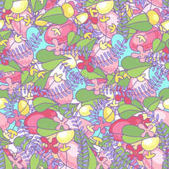 Eggs, flowers and leaves are a seamless Easter pattern. Full filling, random repeat, seasonal print
