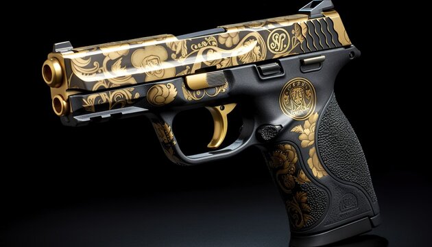 Smith & Wesson M&P9 with stickers shaped gold skull decal  , studio light