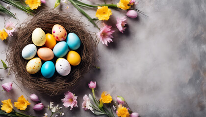 Fototapeta na wymiar Festive Easter scene with colorful eggs and flowers. 