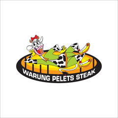 Vector logo of a cow relaxing on a podium accompanied by the words Pellets Steak Stall