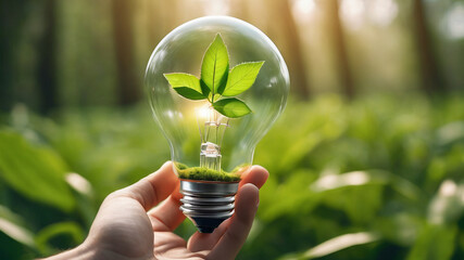 Human hand holding energy saving light bulb and save world concept environmental conservation, sustainable living, eco-friendly, green energy,